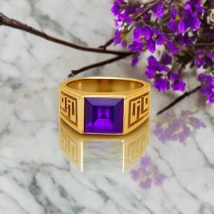 14K Yellow Gold Amethyst Ring: Square Cut February Birthstone