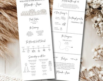 May include: Two white wedding programs with black text and illustrations. One program details the wedding ceremony, including the venue, ceremony details, and wedding party. The other program shares fun facts about the couple and honeymoon details.