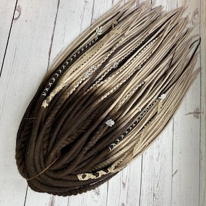 Wool dreadlocks + braids, dark brown, brown, beige, metal beads, ombre. Double-sided wool dreads DE Hair Boho Viking Locks.
