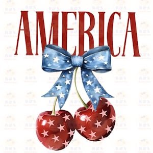 Puede incluir: Un diseño patriótico con la palabra "AMERICA" en rojo, sobre un lazo azul adornado con estrellas blancas. Debajo, dos cerezas con estrellas rojas, creando una imagen festiva y celebratoria.