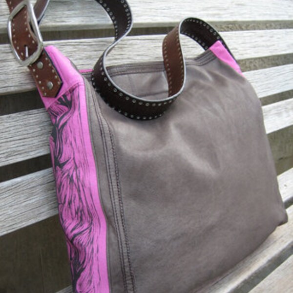 Upcycled Leather Purse,Thistle Woodcut in Chocolate Brown and Fuchsia