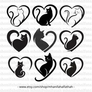 Ensemble d'art clip numérique coeur de chat, chat PNG, fichiers de découpe, modèle de logo, éléments de conception graphique, clipart, PNG, téléchargement immédiat