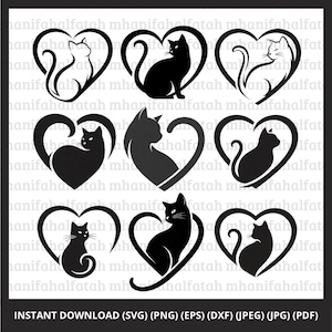 Cat Heart Digital Clip Art Set SVG | Svg, Png, Eps, Dxf, Jpeg, Jpg, Pdf Instant Download
