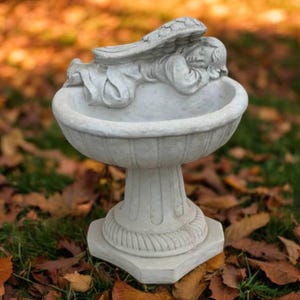 May include: A stone-colored angel statue resting in a birdbath. The angel is lying down with its eyes closed and wings spread. The birdbath has a round basin and a pedestal base. The statue is outdoors, surrounded by grass and fallen leaves.