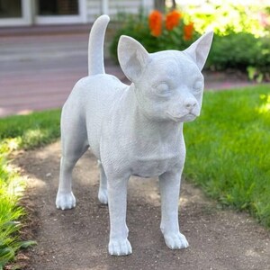 Statue de jardin pour chien chihuahua, décoration en pierre commémorative pour animal de compagnie, décoration en pierre chihuahua réaliste, sculpture extérieure en béton ou en plastique, cadeau de sympathie pour l&#39;art de la cour