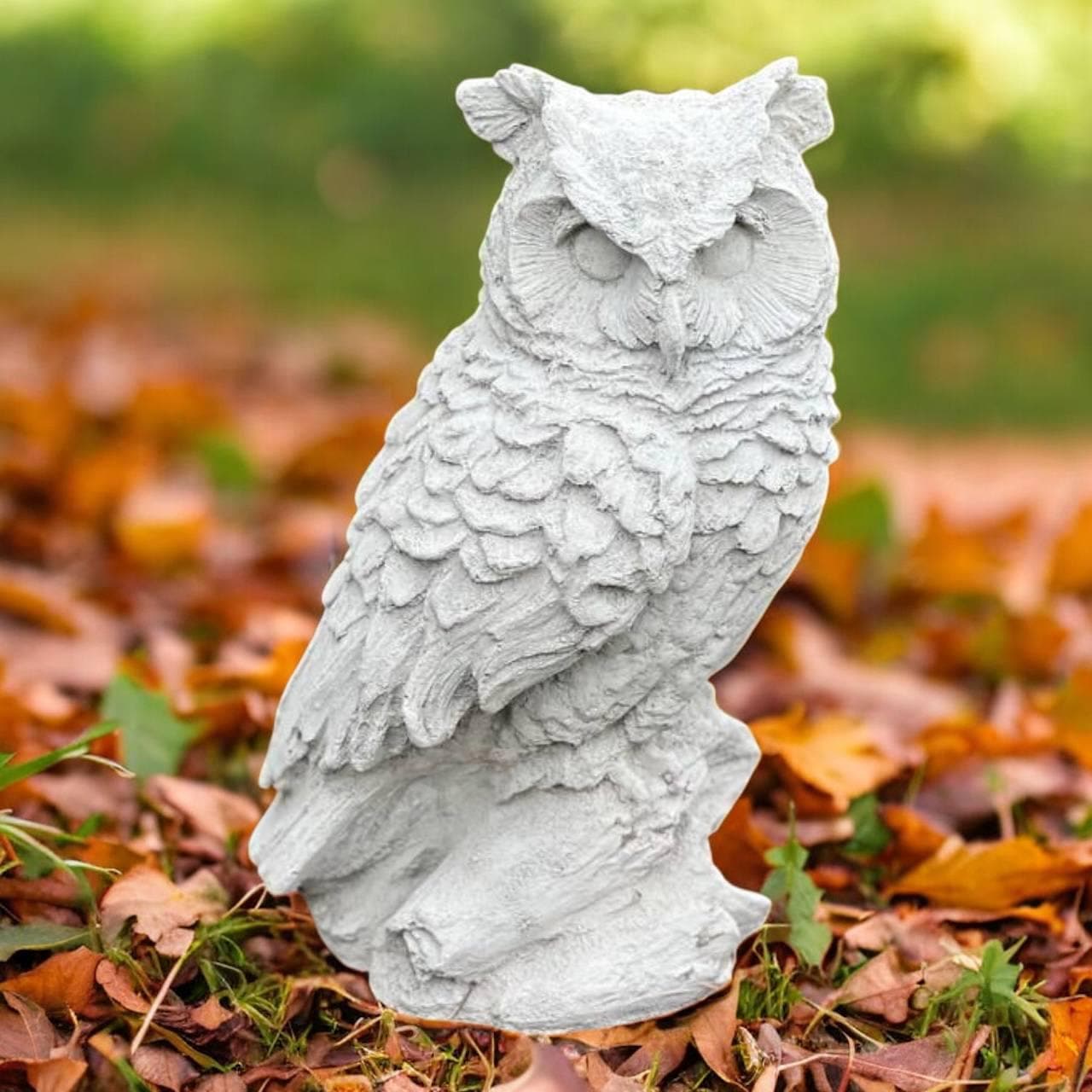 Light grey owl bird statue Night owl sculpture Realistic bird on rock figurine Wild life art Cement