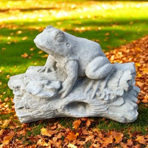 May include: A gray concrete frog statue resting on a detailed log. The frog is in a relaxed pose, with its legs draped over the log. The statue is set on a bed of fallen leaves and grass, with a blurred green background.