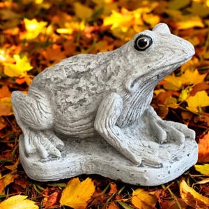 May include: A gray concrete frog statue with detailed texture, featuring large eyes and a seated pose. The frog is resting on a stone base, surrounded by fallen autumn leaves in shades of yellow, orange, and brown. A garden ornament.
