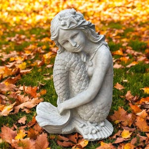 Mermaid on shell figure Concrete ocean girl statue Stone yard decoration Fairy mermaid lawn gift Detailed backyard sculpture