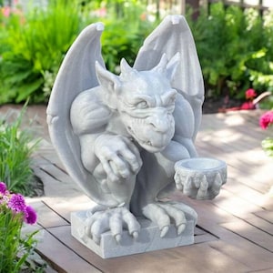 Gargoyle with Bowl Gothic Sculpture Mythical Monster Outdoor Figure Handcrafted Garden Decoration Halloween Style Concrete or Resin Statue