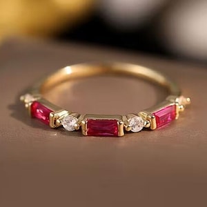 Baguette Half Eternity Band, 925 Sterling Silver Ruby Wedding Ring, Gold Plated Moissanite Stacking Bands, Engagement Bridal Promise Ring