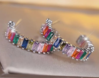 Rainbow Baguette Hoop Earrings – 925 Sterling Silver Multicolor CZ Hoops – Colorful Minimalist Eternity Earrings - Jewelry Gift for Daughter