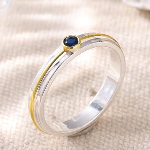 Two Tone Blue Sapphire Ring, 925 Sterling Silver Solitaire Band, Round CZ Accent Ring, Gold Silver Stackable Jewelry, Rings For Her Birthday