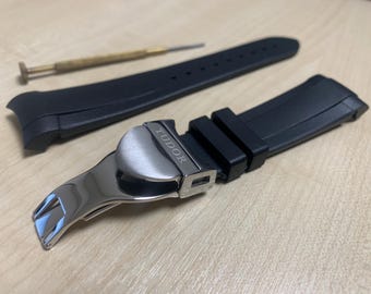 Tudor 22mm Black Rubber wrist watch strap band with stainless steel deployment clasp