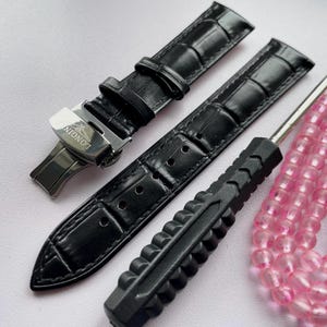 18/19/20mm Longines Black Leather Watch Strap With Stainless Steel Push Button Deployment Clasp