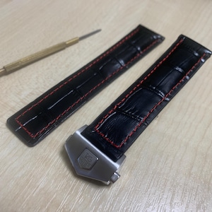 20mm/22mm Tag Heuer Black/Red stitch Leather Watch Strap With Stainless Steel Deployment Clasp
