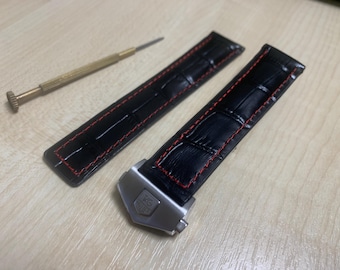 20mm/22mm Tag Heuer Black/Red stitch Leather Watch Strap With Stainless Steel Deployment Clasp