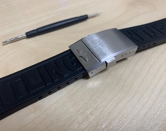 22mm/24mm Breitling Black Rubber watch strap with Deployment clasp