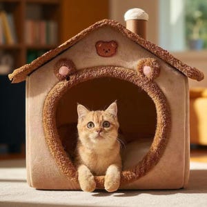 Cozy Bear Pet Bed: Plush Cat & Small Dog House with Washable Cushion