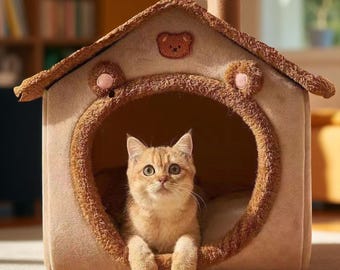Cozy Bear Pet Bed: Plush Cat & Small Dog House with Washable Cushion