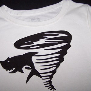 Sharknado Iron on Patch Hand cut from a Black Fabric Tornado and shark inspired by movie Adult Iron on