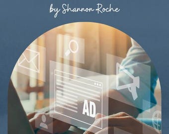 Könnte beinhalten: Ein Buchcover mit dem Titel A THOROUGH BEGINNER'S GUIDE TO MARKETING ONLINE (FEATURING TOP TIPS FOR FACEBOOK) von Shannon Roche. Das Cover hat einen blauen Hintergrund und zeigt eine Person, die einen Laptop mit Marketing-Symbolen nutzt.