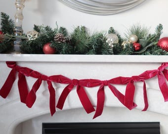 Guirnalda de lazos de terciopelo rojo para repisa de chimenea / Decoración del hogar / Guirnalda de lazos de cinta / Decoración de repisa para San Valentín