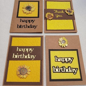 Ensemble de quatre cartes de voeux rustiques faites maison tournesol (anniversaire et remerciement)