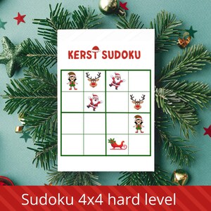 May include: A white Sudoku puzzle with Christmas-themed illustrations of Santa Claus, reindeer, and elves. The text "KERST SUDOKU" is at the top, and "Sudoku 4x4 hard level" is at the bottom. The puzzle is surrounded by green pine branches and Christmas ornaments.