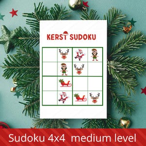 May include: A white Christmas-themed Sudoku puzzle with a 4x4 grid. The title "KERST SUDOKU" is at the top, and the puzzle features festive illustrations of Santa, reindeer, and elves. The text "Sudoku 4x4 medium level" is at the bottom.
