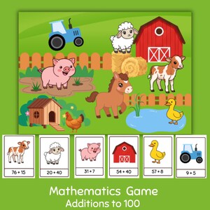 May include: A colorful children's mathematics game featuring farm animals and a blue tractor. The game includes addition problems with sums up to 100. The text at the bottom reads "Mathematics Game Additions to 100".
