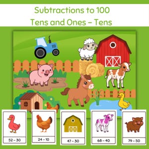 May include: A colorful educational chart with the text "Subtractions to 100 Tens and Ones - Tens." The image features a farm scene with a blue tractor, a red barn, and various farm animals. Below are cards with subtraction problems.