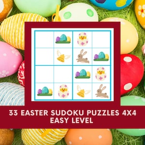 May include: A colorful Easter-themed image featuring a 4x4 Sudoku puzzle with Easter egg and bunny illustrations. The text reads "33 Easter Sudoku Puzzles 4x4 Easy Level". The background is filled with decorated Easter eggs.
