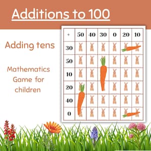 Op de afbeelding: Een kleurrijk educatief spel voor kinderen met de tekst "Additions to 100" en "Adding tens". Het spelbord heeft een raster met getallen en illustraties van wortels en konijnen. De tekst "Mathematics Game for children" is ook zichtbaar.