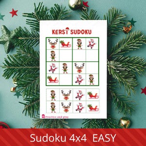 May include: A Christmas-themed Sudoku puzzle with the text "Kerst Sudoku" at the top. The puzzle grid features festive illustrations of reindeer, Santa Claus, and elves. The bottom of the image reads "Sudoku 4x4 EASY".