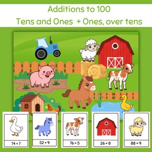 May include: Educational farm-themed math flashcards with the text "Additions to 100". The cards feature illustrations of farm animals, a tractor, and a red barn. Each card displays an addition problem, such as 74+7, 52+9, and 76+5.