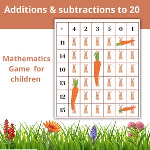 Op de afbeelding: Een educatief spel voor kinderen met een raster van getallen, wortels en konijnen. De tekst luidt "Optellen & aftrekken tot 20" en "Wiskundespel voor kinderen".