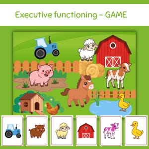 Puede incluir: Un juego educativo infantil con temática de granja. El tablero presenta un campo verde con un tractor azul, un granero rojo y varios animales de granja. Debajo se muestran tarjetas coincidentes, que incluyen un tractor, un cerdo, una oveja, un granero, una vaca y un pato.