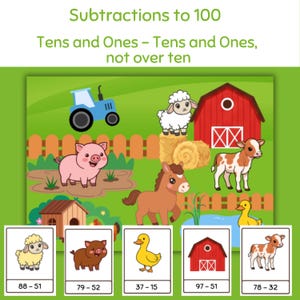 May include: Educational farm-themed subtraction flashcards. The image features a green background with a farm scene, including a tractor, barn, and various animals. The cards display subtraction problems with answers.