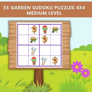 33 Sudokus 4x4 | Nivel MEDIO | Tema Jardín | Funciones Ejecutivas | Juego de Pensamiento | Para un Solo Jugador | Descarga Digital Imprimible