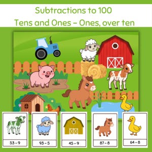 May include: Educational farm-themed math game with a green background. The image features a blue tractor, red barn, and various farm animals. The text at the top reads "Subtractions to 100". The bottom displays subtraction problems with answers.
