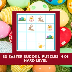 May include: A square Easter-themed Sudoku puzzle with a red border, featuring illustrations of Easter eggs, chicks, and bunnies. The text reads "33 Easter Sudoku Puzzles 4x4 Hard Level". The background is filled with colorful Easter eggs.