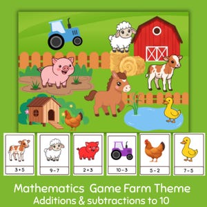 Op de afbeelding: Een kleurrijk wiskundespel met boerderijthema met illustraties van een blauwe tractor, varken, schaap, paard, koe, kip en eend. Het spel bevat optel- en aftreksommen tot 10, met de tekst "Mathematics Game Farm Theme Additions & subtractions to 10".