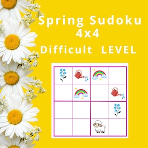 May include: A yellow background with white daisies and a spring-themed 4x4 Sudoku puzzle. The puzzle is labeled "Difficult LEVEL" and features illustrations of a watering can, rainbow, flower, and a sheep.