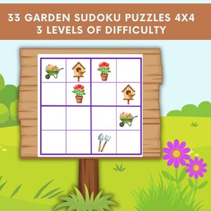 May include: A wooden sign displays a 4x4 Sudoku puzzle with garden-themed illustrations. The puzzle includes images of a wheelbarrow, birdhouses, potted flowers, and gardening tools. The text at the top reads "33 GARDEN SUDOKU PUZZLES 4X4 3 LEVELS OF DIFFICULTY."