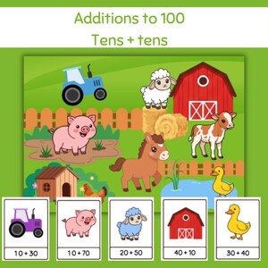Additions to 100 I Adding Tens to Tens I Mathematics game for children I Farm Theme I Executive functioning I Digital Printable  Download