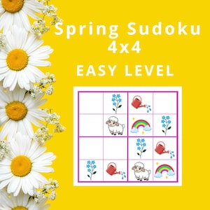 May include: A yellow background with white daisies and a spring-themed 4x4 Sudoku puzzle. The puzzle includes illustrations of a watering can, rainbow, sheep, and blue flowers. Text reads "Spring Sudoku 4x4 EASY LEVEL."
