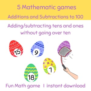 Addizioni e sottrazioni fino a 100 | Gioco di matematica | Addizioni e sottrazioni di decine e unità | Pasqua | 5 GIOCHI - Download digitale, stampa a casa