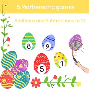 Könnte beinhalten: Buntes Lern-Grafik mit dem Text "5 Mathe-Spiele" und "Additionen und Subtraktionen bis 10". Das Bild zeigt dekorierte Ostereier mit Zahlen und eine Hand, die einen Fliegenfänger hält.