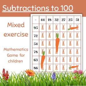 May include: A colorful mathematics game for children featuring a subtraction exercise. The game board has a grid with numbers and bunny illustrations. Carrots are used as visual aids. The text reads "Subtractions to 100" and "Mixed exercise".